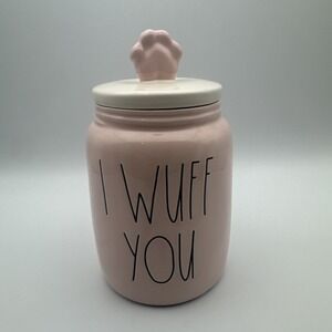 Rare Rae Dunn Blush Pink "I Wuff You" Dog Treat Canister Puppy